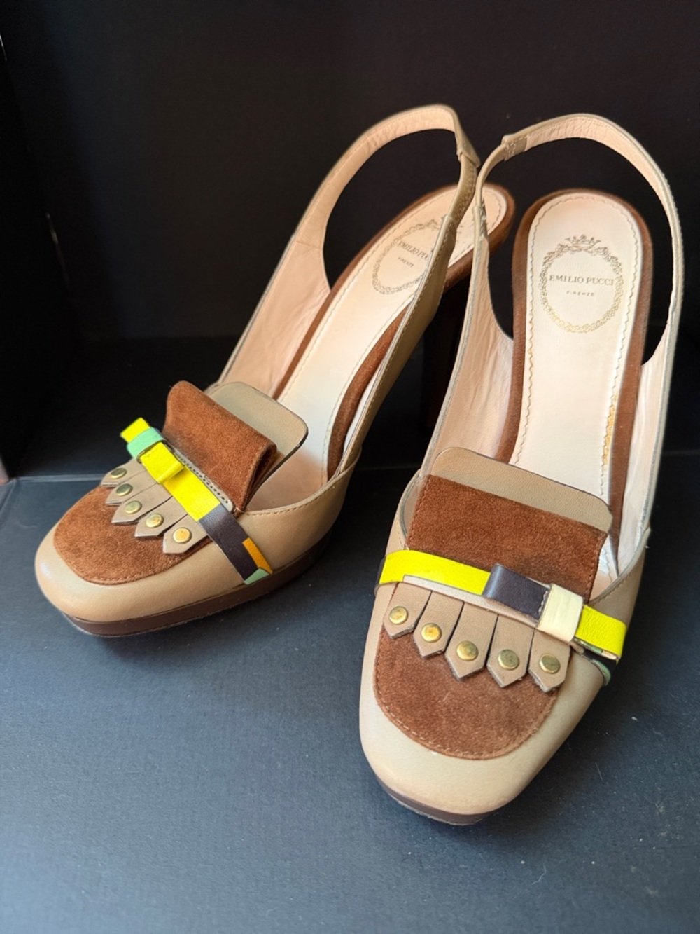 Emilio Pucci Beige/Brown Slingback Chartuese/Green/Orange Accents